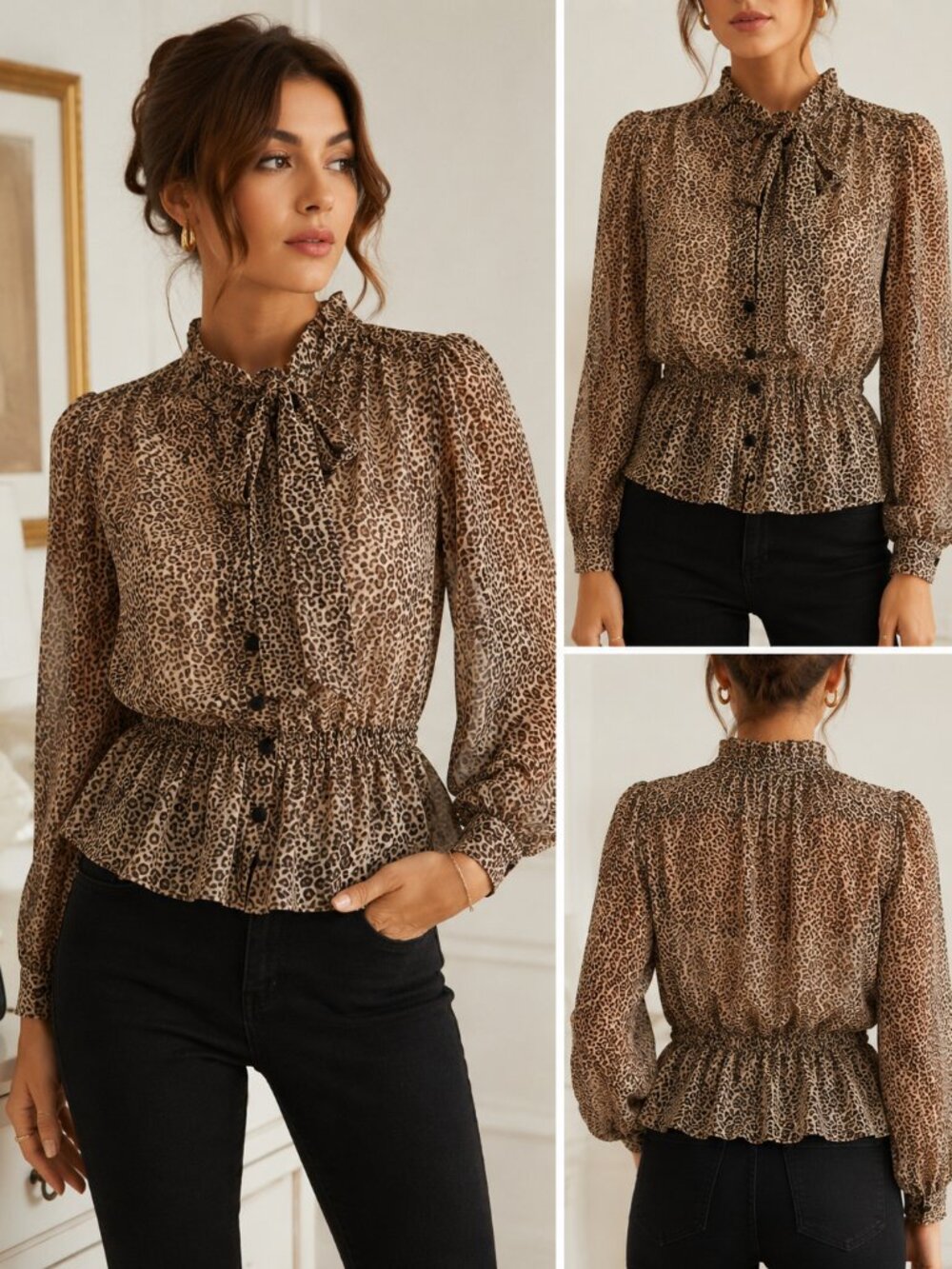 Zara‎ Leopard Print Sheer Tie Neck Puff Sleeve Peplum Blouse XS Animal Print
